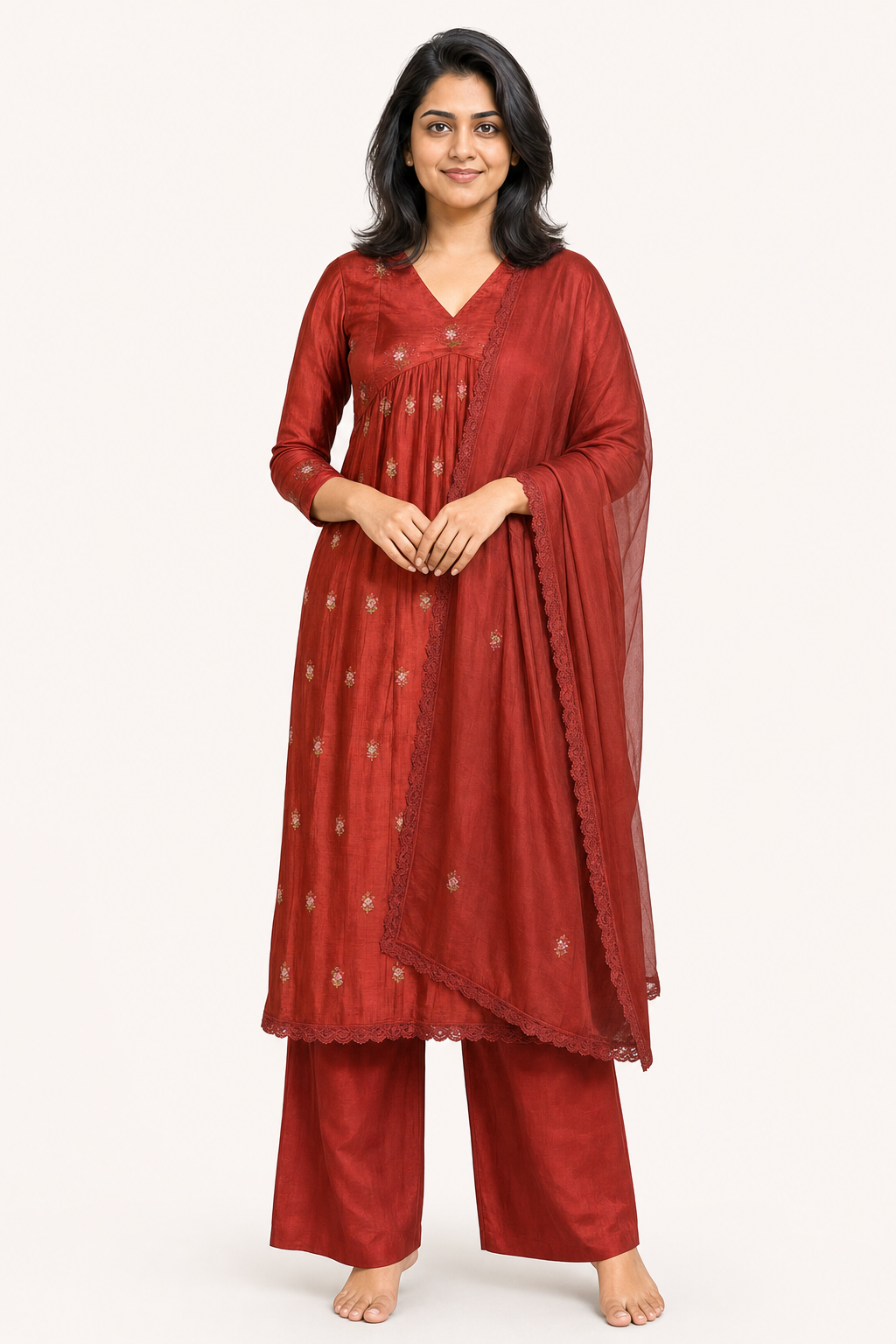 CHANDERI SILK-CHURIDAR 3 PIECE SET-BURNT ORANGE