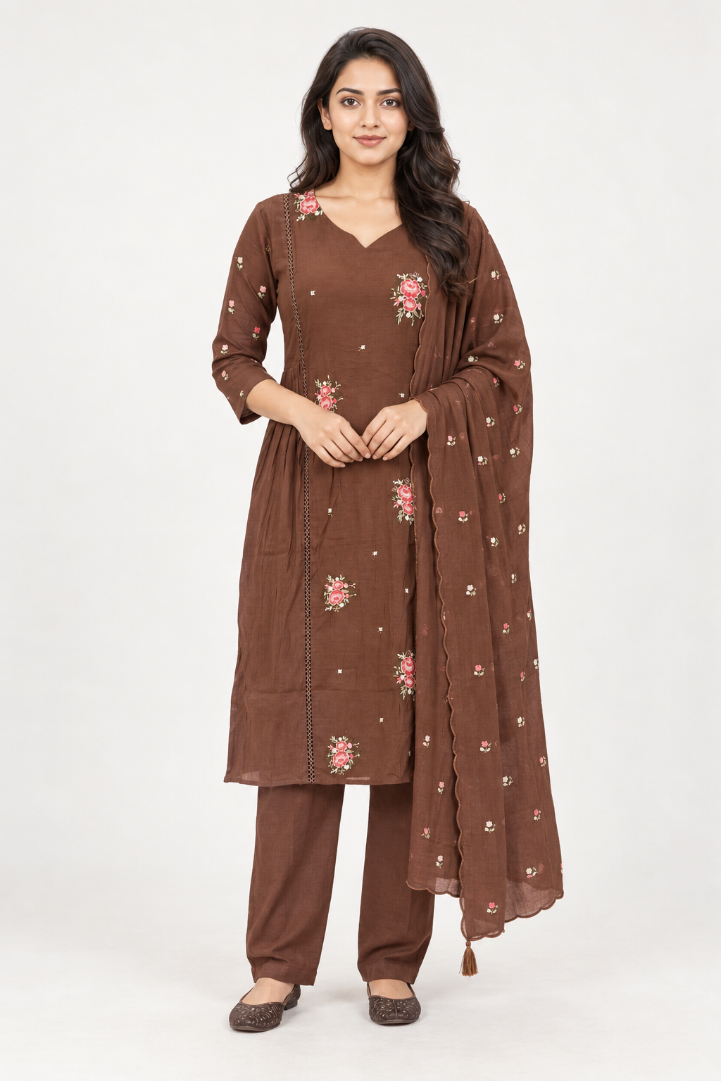 CHANDERI SILK-CHURIDAR 3 PIECE SET-COFFE BROWN