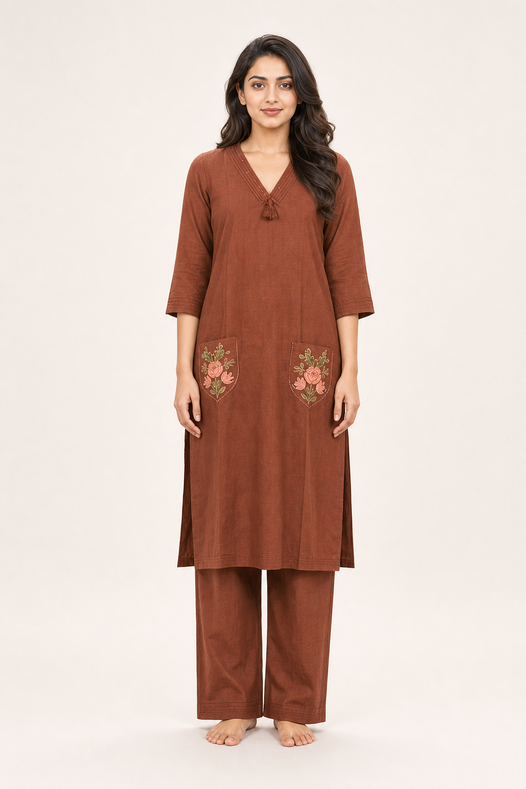 COTTON-CHURIDAR 2 PIECE SET-BROWN