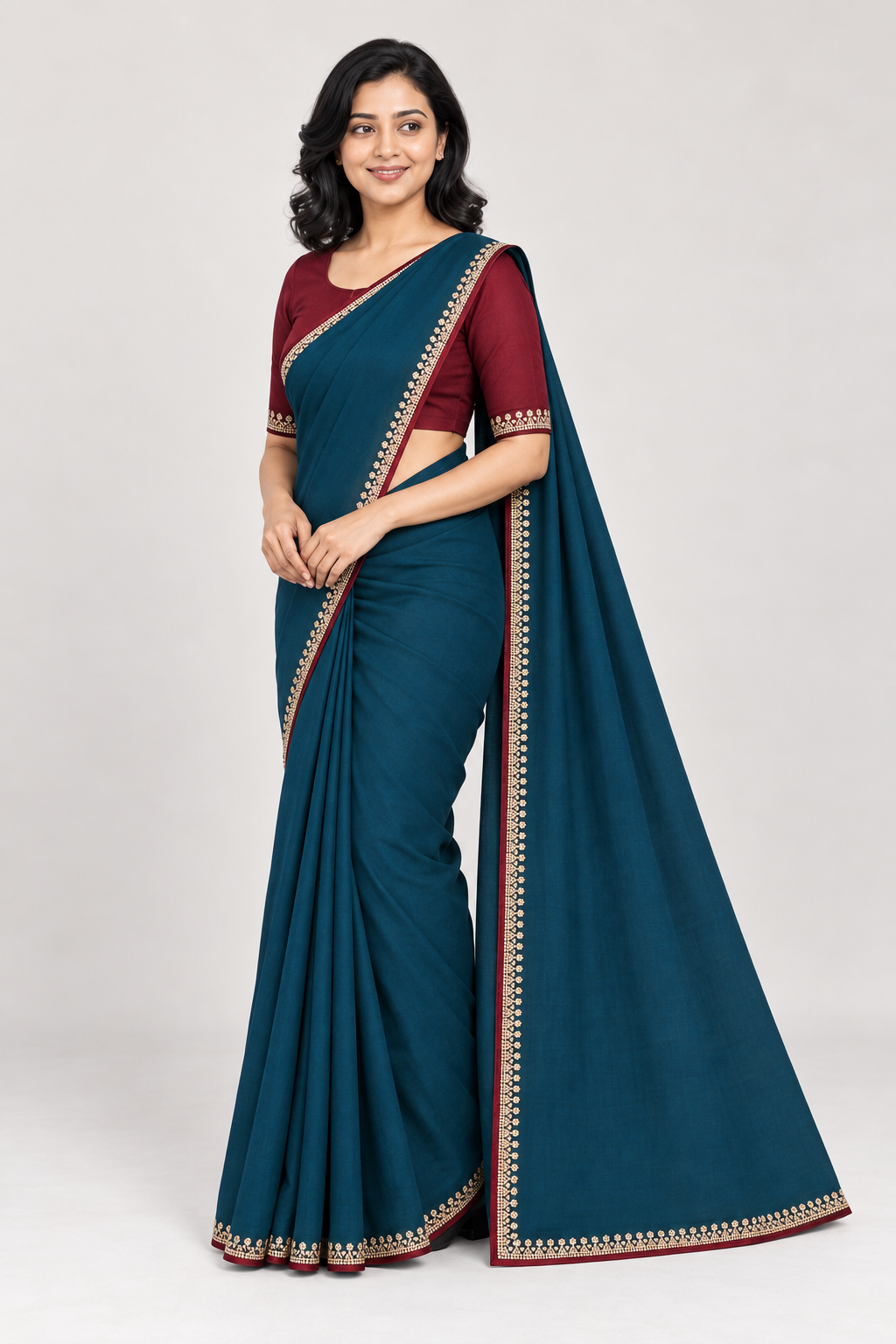 PEACOCK BLUE WITH MAROON BLOUSE
