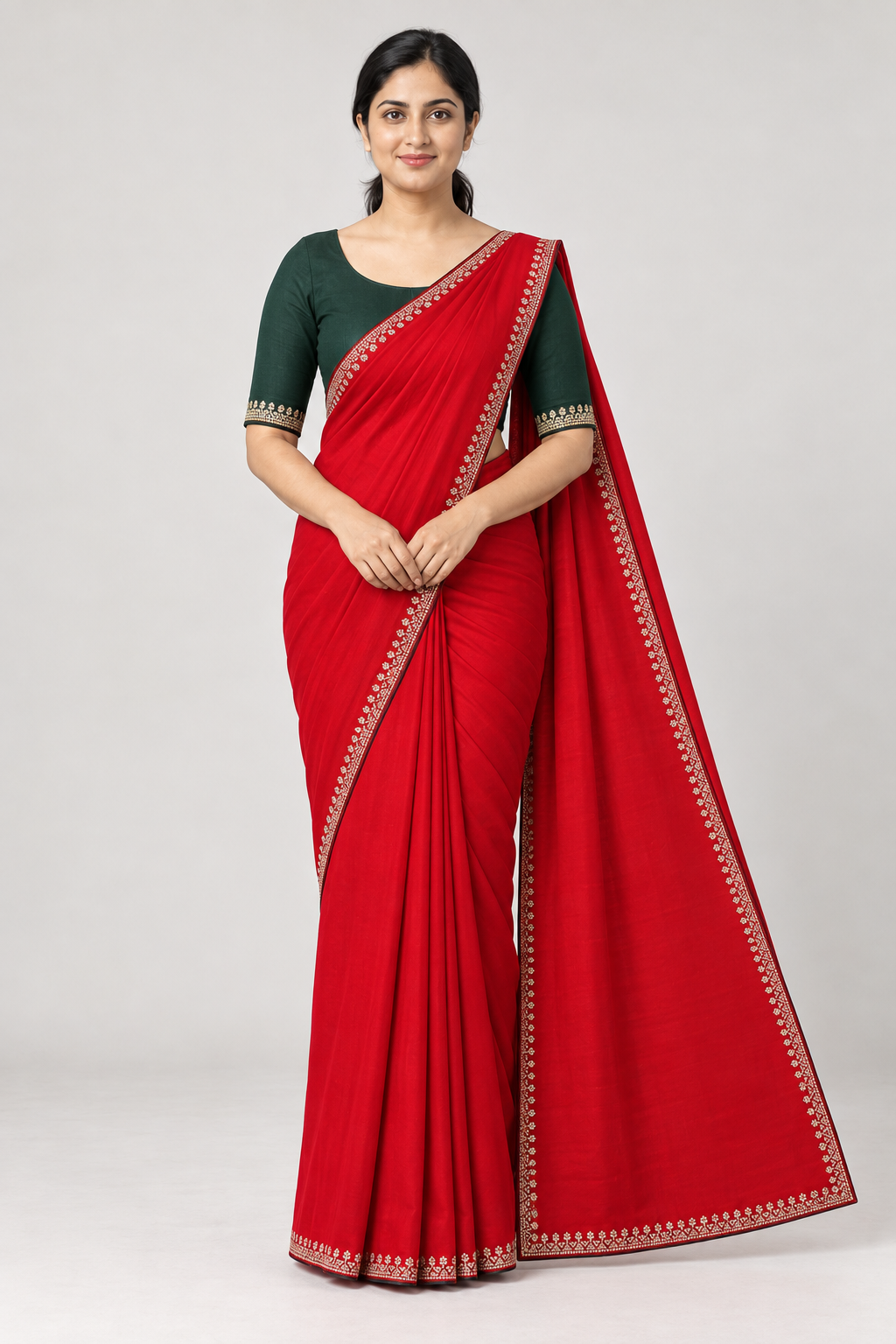 RED BODY WITH BOTTLE GREEN BLOUSE