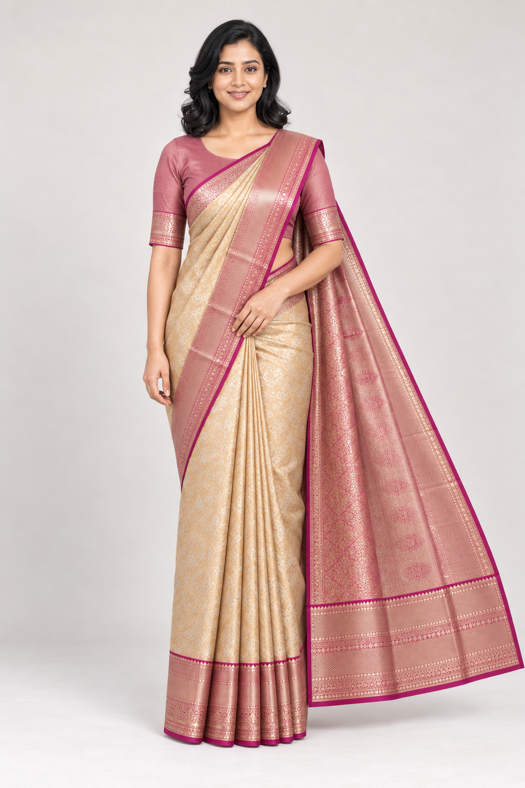 BEIGE BROCADE WITH PINK BORDER